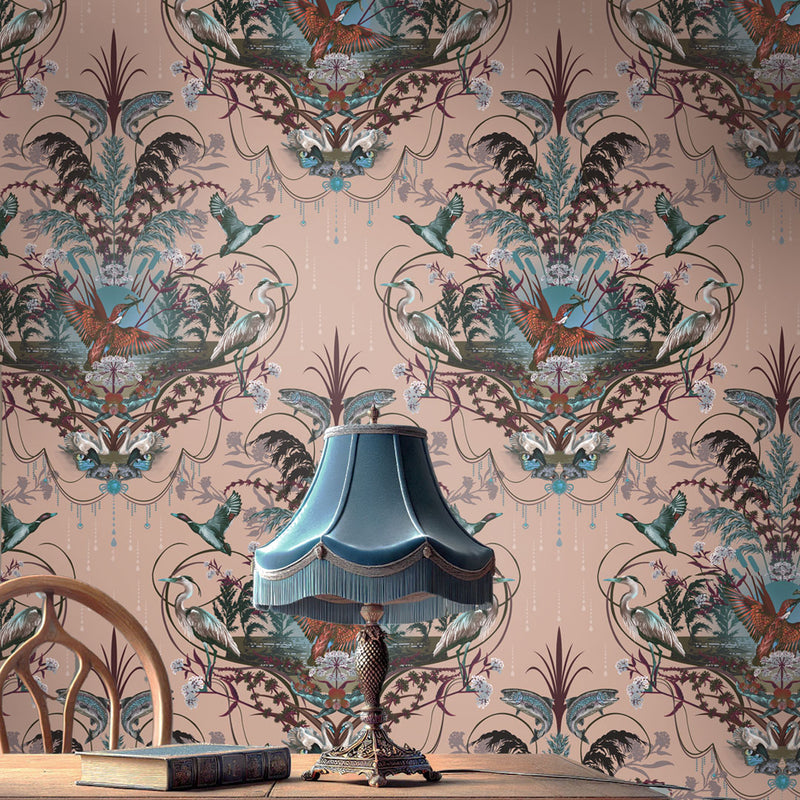 English Countryside Luxury Wallpaper in Peach for Statement Interiors by Designer, Becca Who