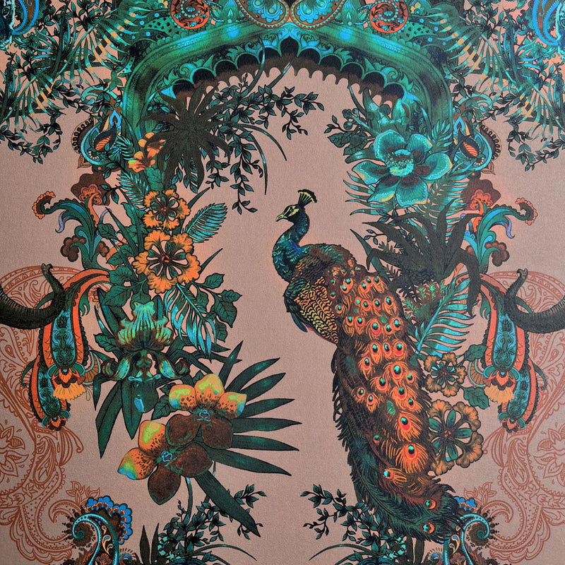 Dramatic Designer Wallpaper with Indian Pattern in Emerald & Salmon by Becca Who