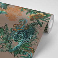 Dramatic Luxury Designer Wallpaper with Indian Pattern in Emerald & Salmon by Becca Who