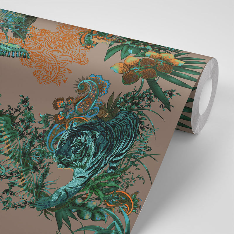 Dramatic Luxury Designer Wallpaper with Indian Pattern in Emerald & Salmon by Becca Who