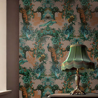 Dramatic Luxury Designer Wallpaper with Indian Pattern in Emerald & Salmon