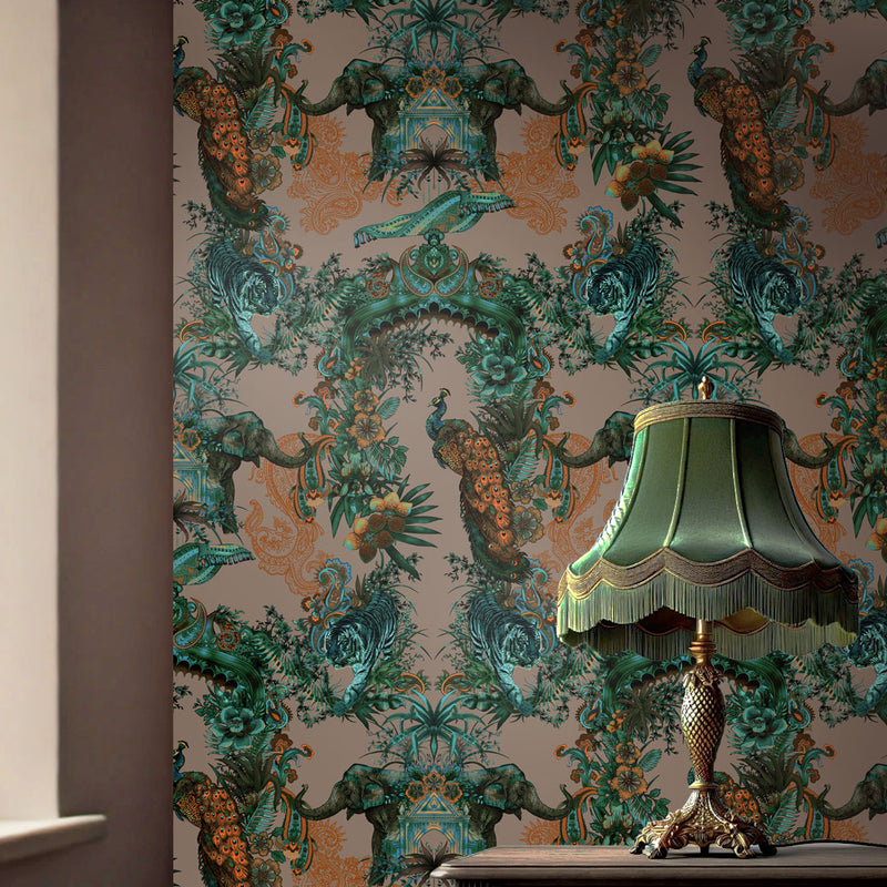 Dramatic Luxury Designer Wallpaper with Indian Pattern in Emerald & Salmon