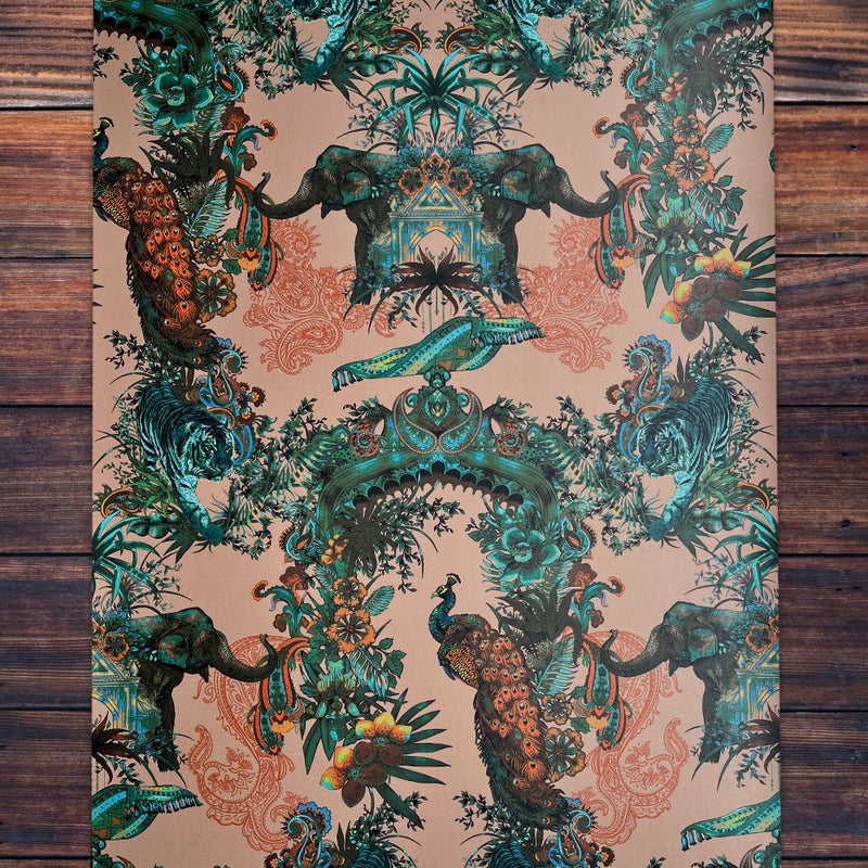 Maximalist Designer Wallpaper with Indian Pattern in Emerald Green & Salmon by Becca Who