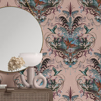 Peach Patterned Luxury Wallpaper with English River Scene