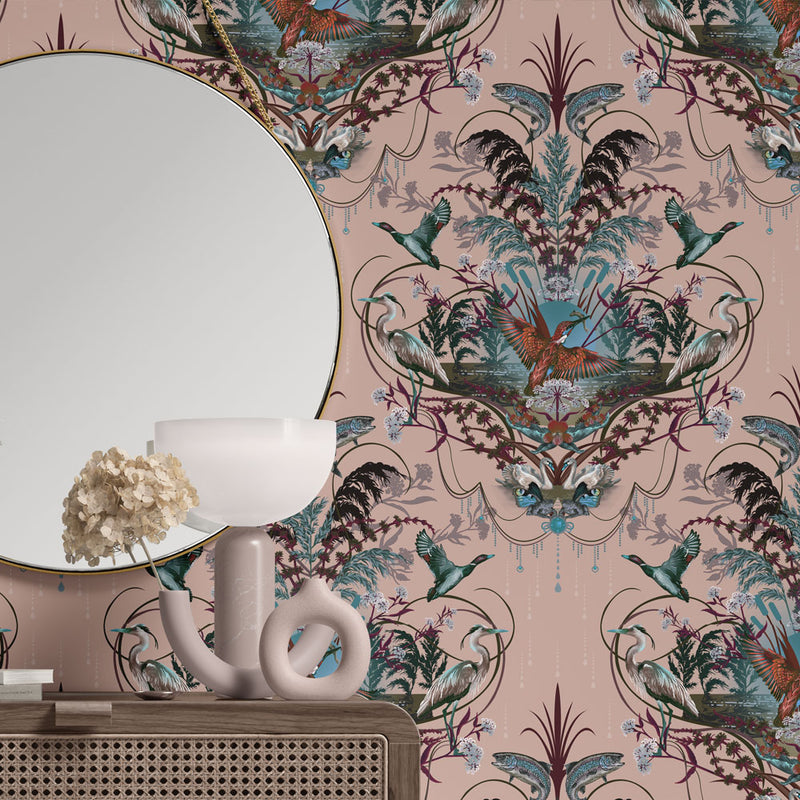 Peach Patterned Luxury Wallpaper with English River Scene