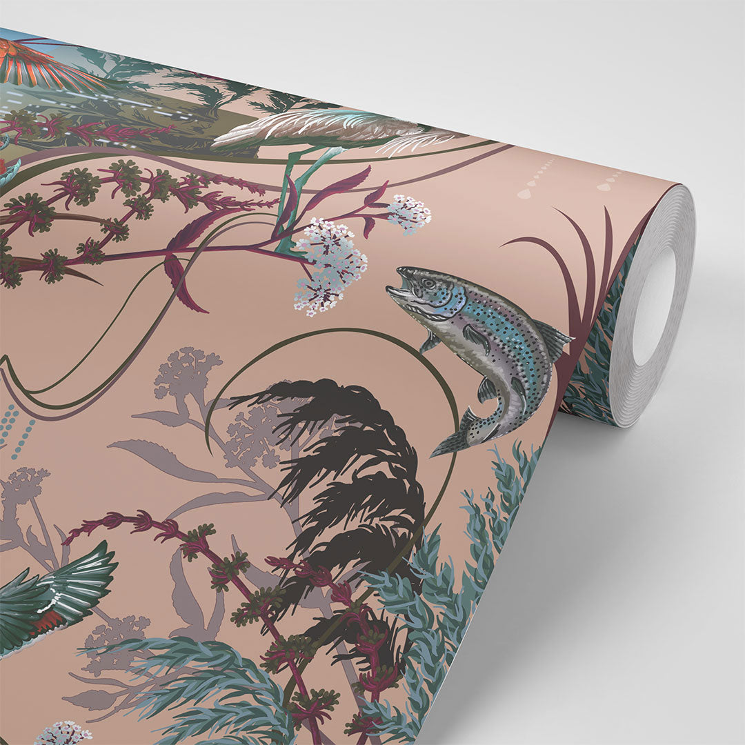 Elegant English Countryside Luxury Wallpaper in warm Peach by Designer, Becca Who