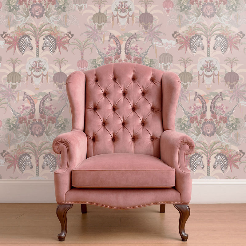 Pretty Pink Peach African Animals Bedroom Wallpaper by Designer, Becca Who