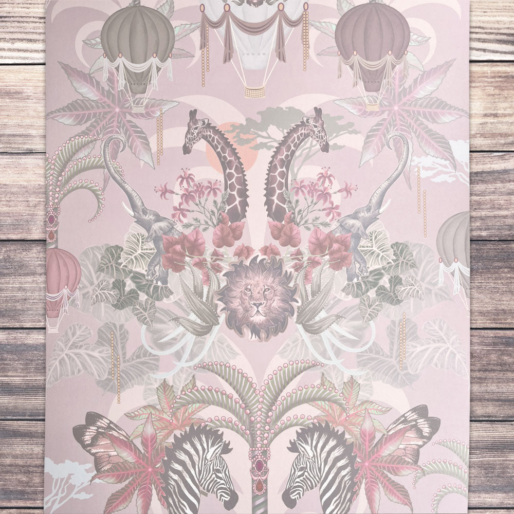 Luxury Designer Bedroom Wallpaper in Pink Peach with African Animals by Becca Who