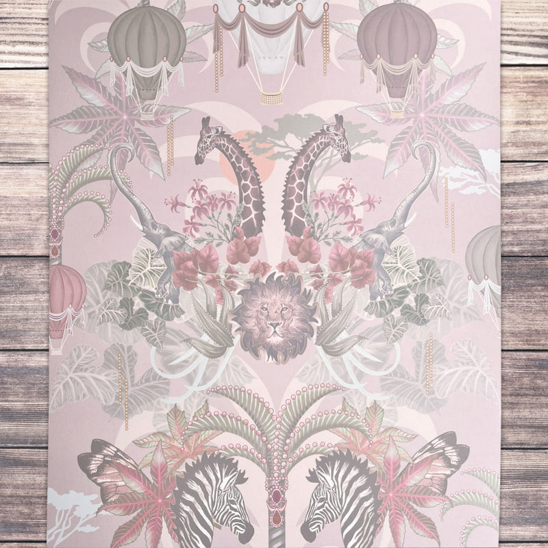 Luxury Designer Bedroom Wallpaper in Pink Peach with African Animals by Becca Who