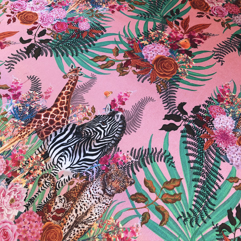 Floral and Animal Pattern on Pink Velvet fabric for interiors