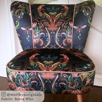 Pink and Blue Floral Velvet Fabric by Designer Becca Who on Upholstered Cocktail Chair