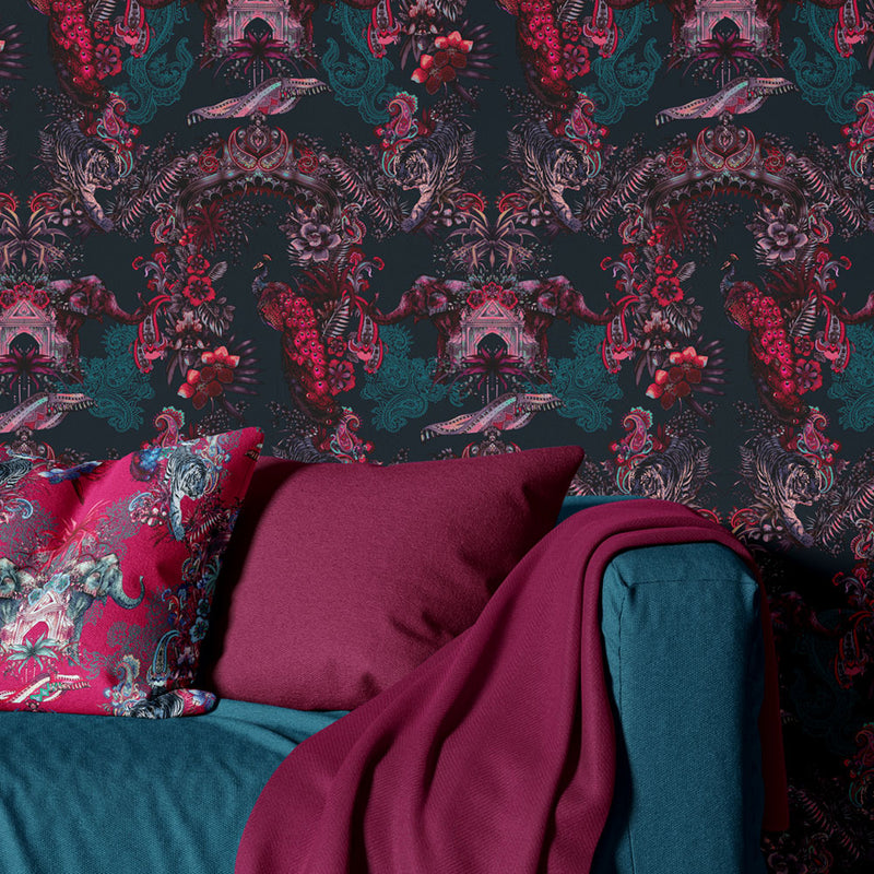 Pink & Blue Indian Patterned Luxury Wallpaper and Fabric by Designer, Becca Who