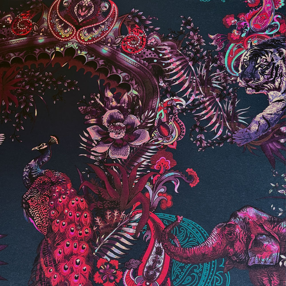 Statement Wallpaper with Indian Pattern in Jewel Tones Pink & Blue by Designer Becca Who