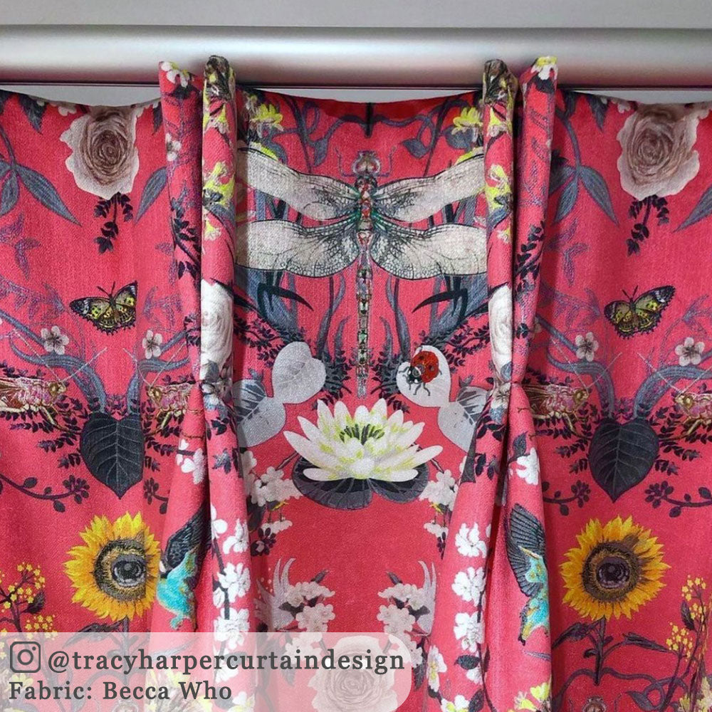 Pink Patterned Fabric with Dragonflies for Curtains by Designer, Becca Who