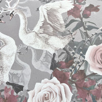 Pink & Grey Floral Bedroom Wallpaper with Swans by Designer Becca Who