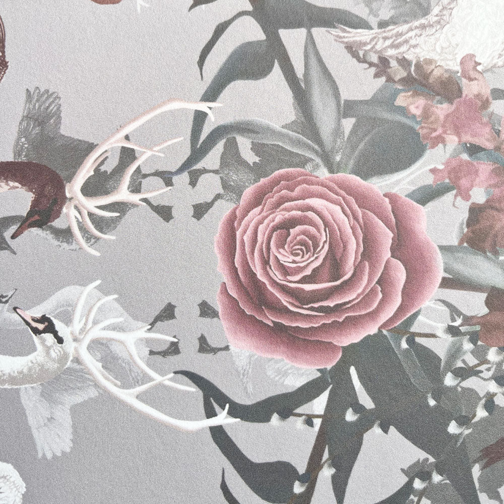 Pink Floral Wallpaper with Swans by Designer Becca Who