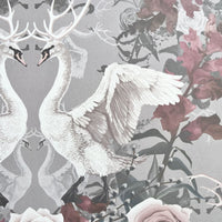 Pink & Grey Floral Wallpaper with Swans by Designer Becca Who