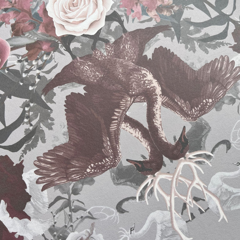 Pink & Grey Wallpaper with Swans by Designer Becca Who
