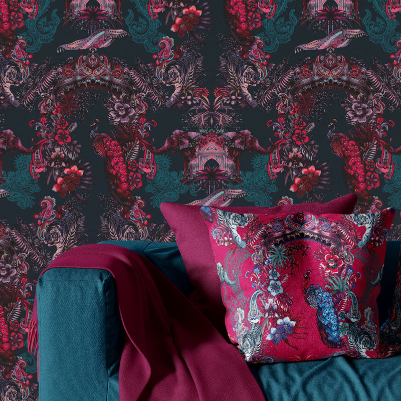 Deep Pink & Blue Indian Pattern Wallpaper and Fabric by Designer, Becca Who