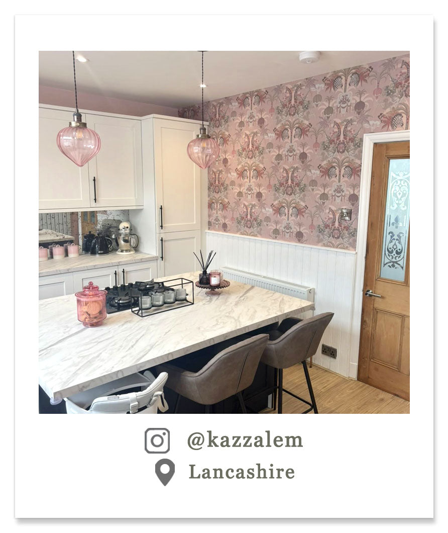 Pink Patterned Kitchen Wallpaper by UK Designer, Becca Who