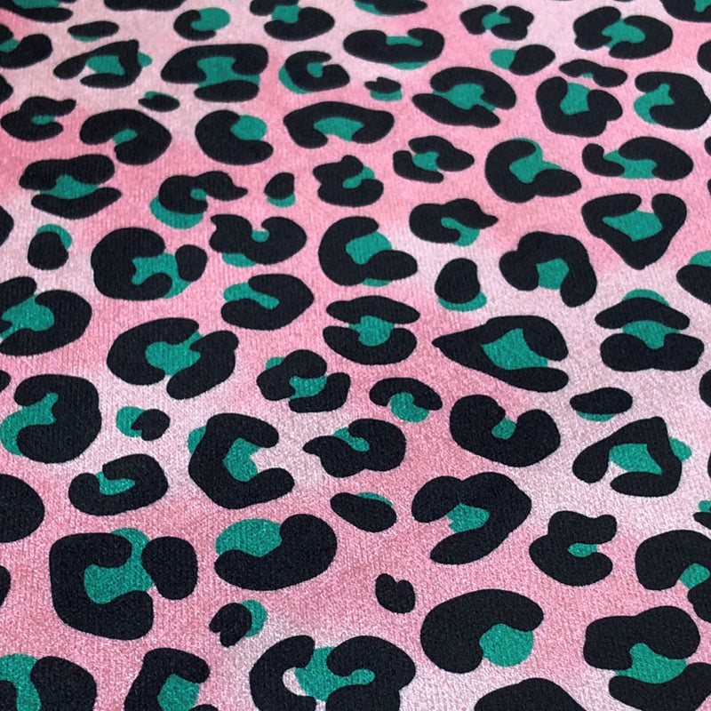 Pink and Green Leopard Print Velvet Furnishing Fabric by Designer, Becca Who