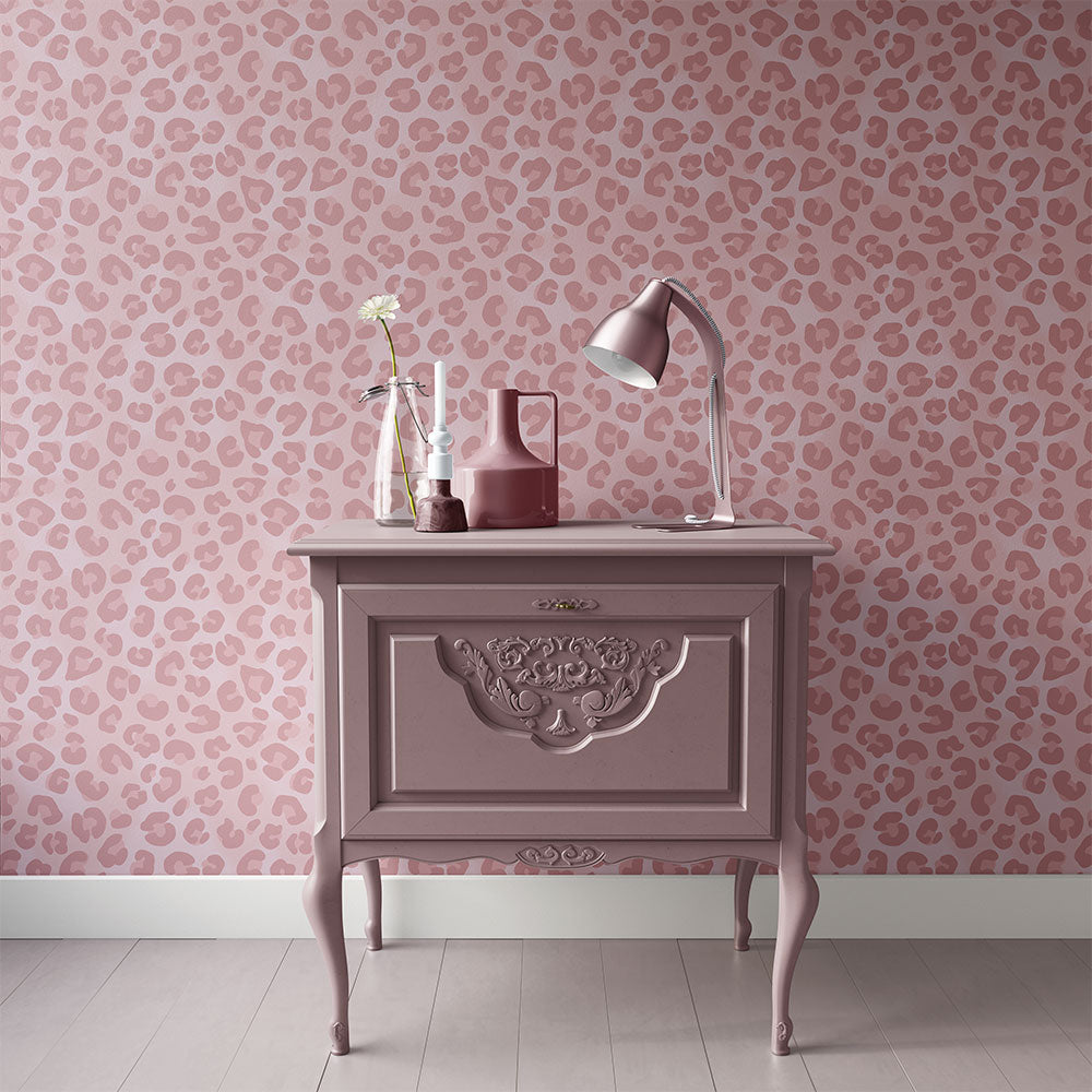 Pink Leopard Print Designer Bedroom Wallpaper by Becca Who