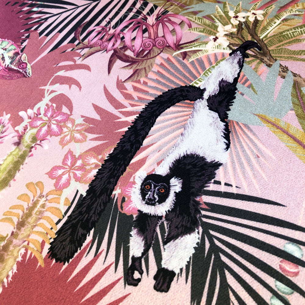 Patterned Monkeys Pink Patterned Velvet Furnishing Fabric | Treetop Tango – Becca Who