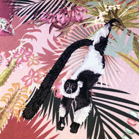 Pink Velvet Fabric with Tropical Lemurs Pattern for Soft Furnishing and Upholstery