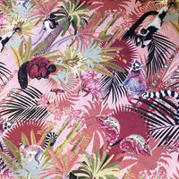 Pink Patterned Velvet Furnishing Fabric with Lemurs in Tropical Trees by Becca Who