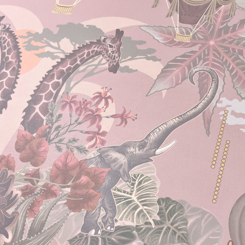 Luxury Designer Bedroom Wallpaper in Blush Pink Peach with African Animals by Becca Who