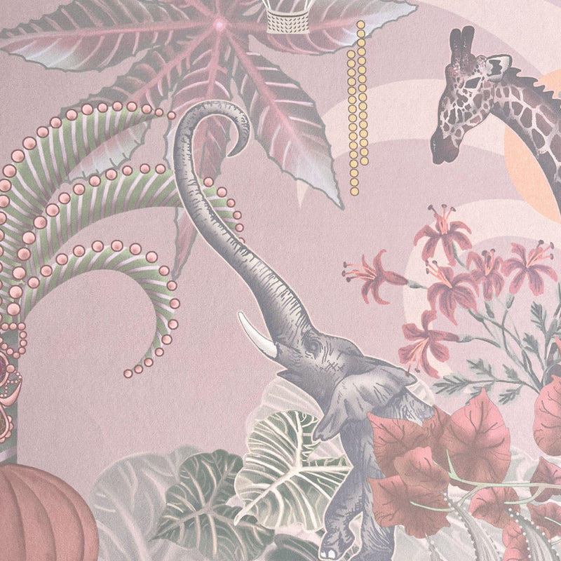 Luxury Designer Bedroom Wallpaper in Soft Pink Peach with African Animals