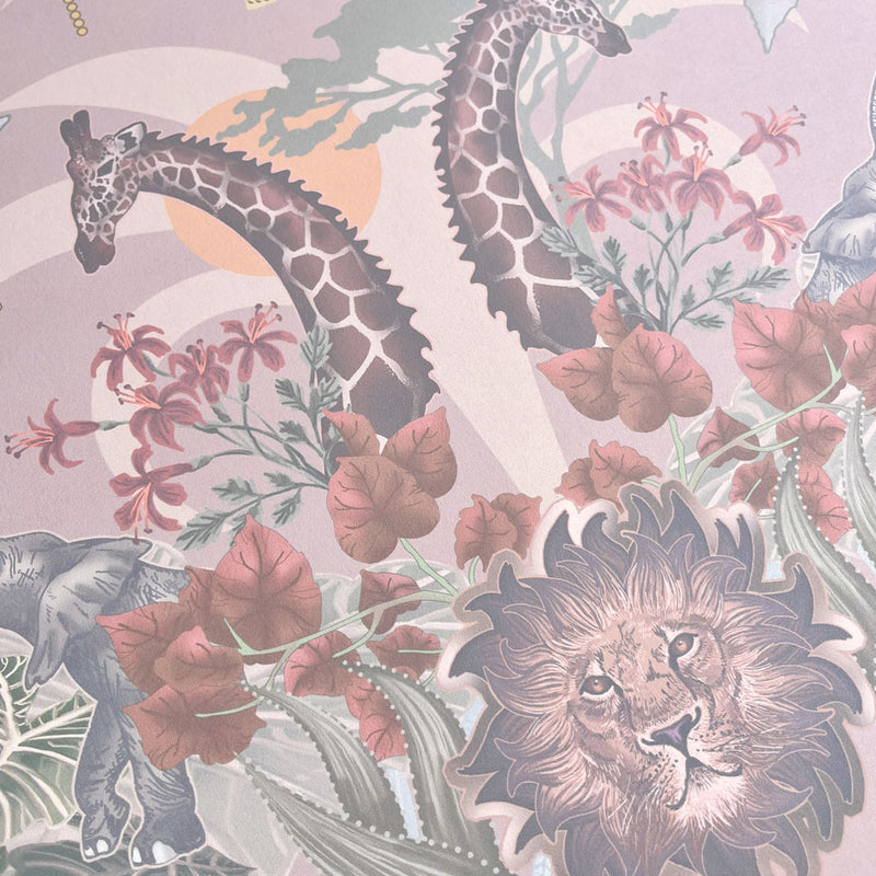 Luxury Designer Bedroom Wallpaper in Pale Pink Peach with African Animals