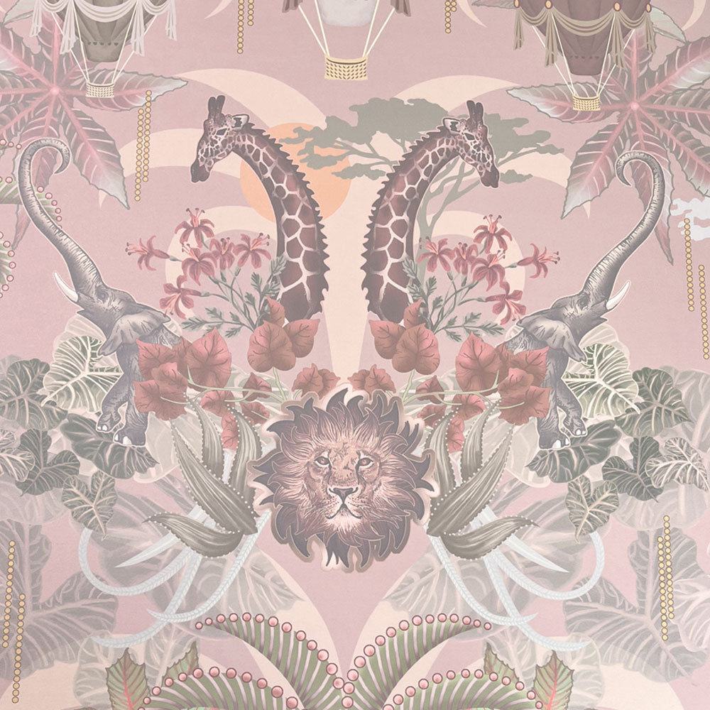 Luxury Designer Bedroom Wallpaper in Blush Pink Peach with African Animals