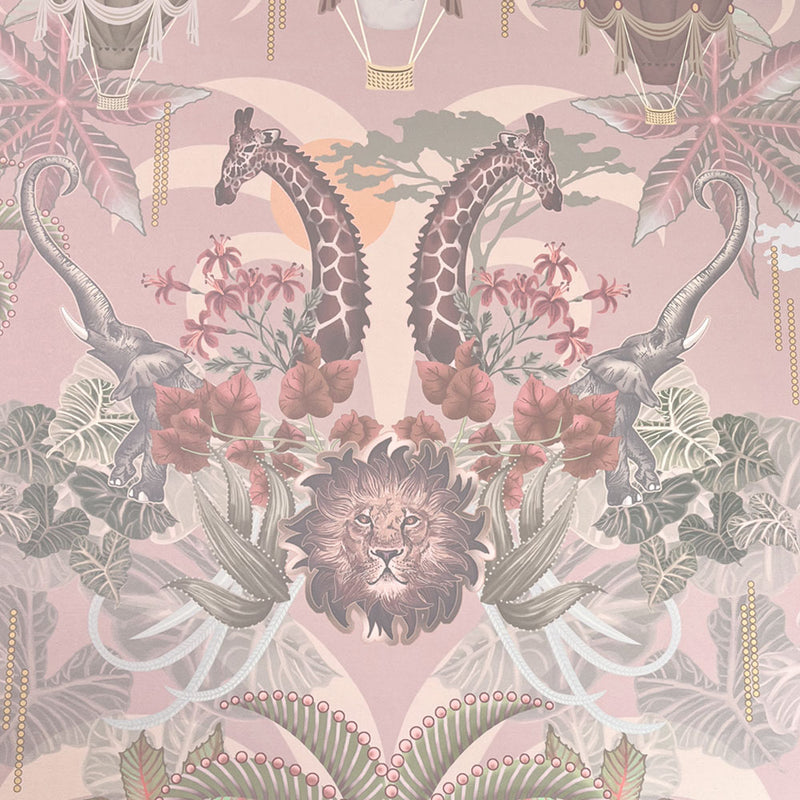 Luxury Designer Bedroom Wallpaper in Blush Pink Peach with African Animals