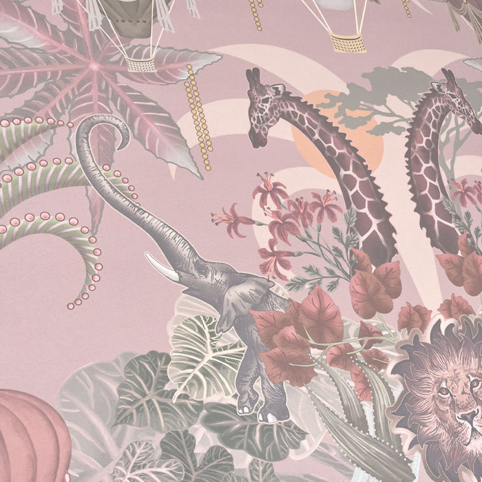 Luxury Designer Feature Bedroom Wallpaper in Pink Peach with African Animals