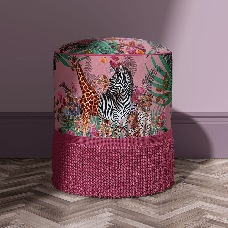 Pink Colourful Furnishing Fabric with African Animals on Upholstered Stool by Designer, Becca Who