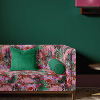 Pink Patterned Upholstery Fabric on Upholstered Sofa with African Animals by Designer, Becca Who
