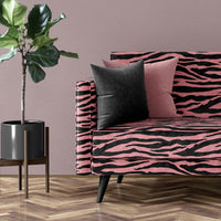 Pink & Black Animal Print Zebra Furnishing Fabric on upholstered sofa by Designer, Becca Who
