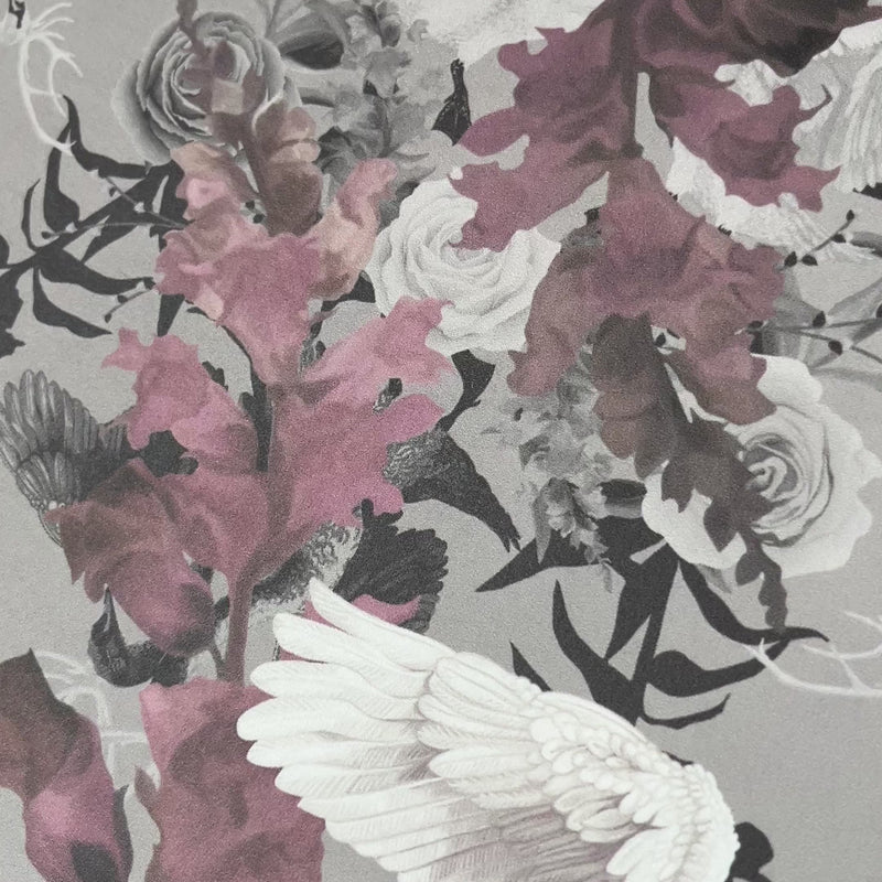 Soft Pink & Grey Floral Luxury Wallpaper with Swans