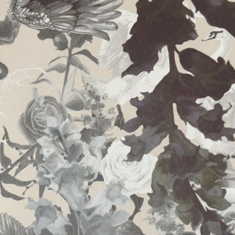 Stone Neutral Patterned Living Room Wallpaper with Swans by Designer, Becca Who