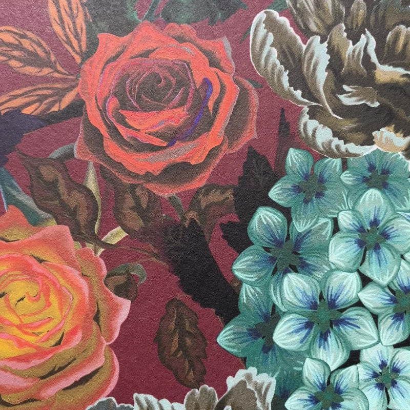Vintage Style Wine Burgundy Heavy Floral Luxury Wallpaper by UK Designer, Becca Who