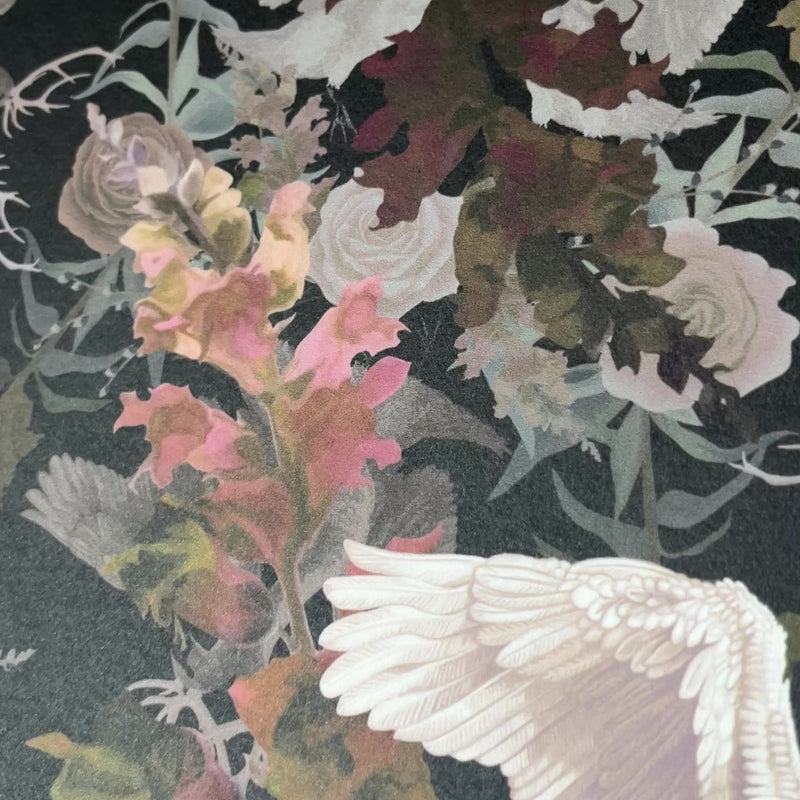 Dark Floral Swans Luxury Designer Wallpaper by Becca Who