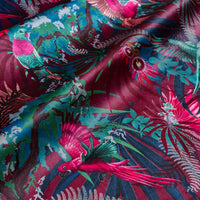 Rainforest Rush hot pink and claret tropical bird print designer velvet fabric by Becca Who, with exotic bugs and flowers