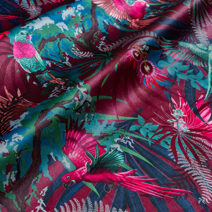 Rainforest Rush hot pink and claret tropical bird print designer velvet fabric by Becca Who, with exotic bugs and flowers