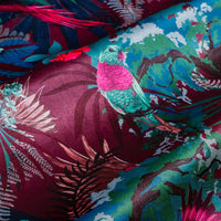 Soft velvet pile and fine print detail on hot pink and claret tropical bird print fabric