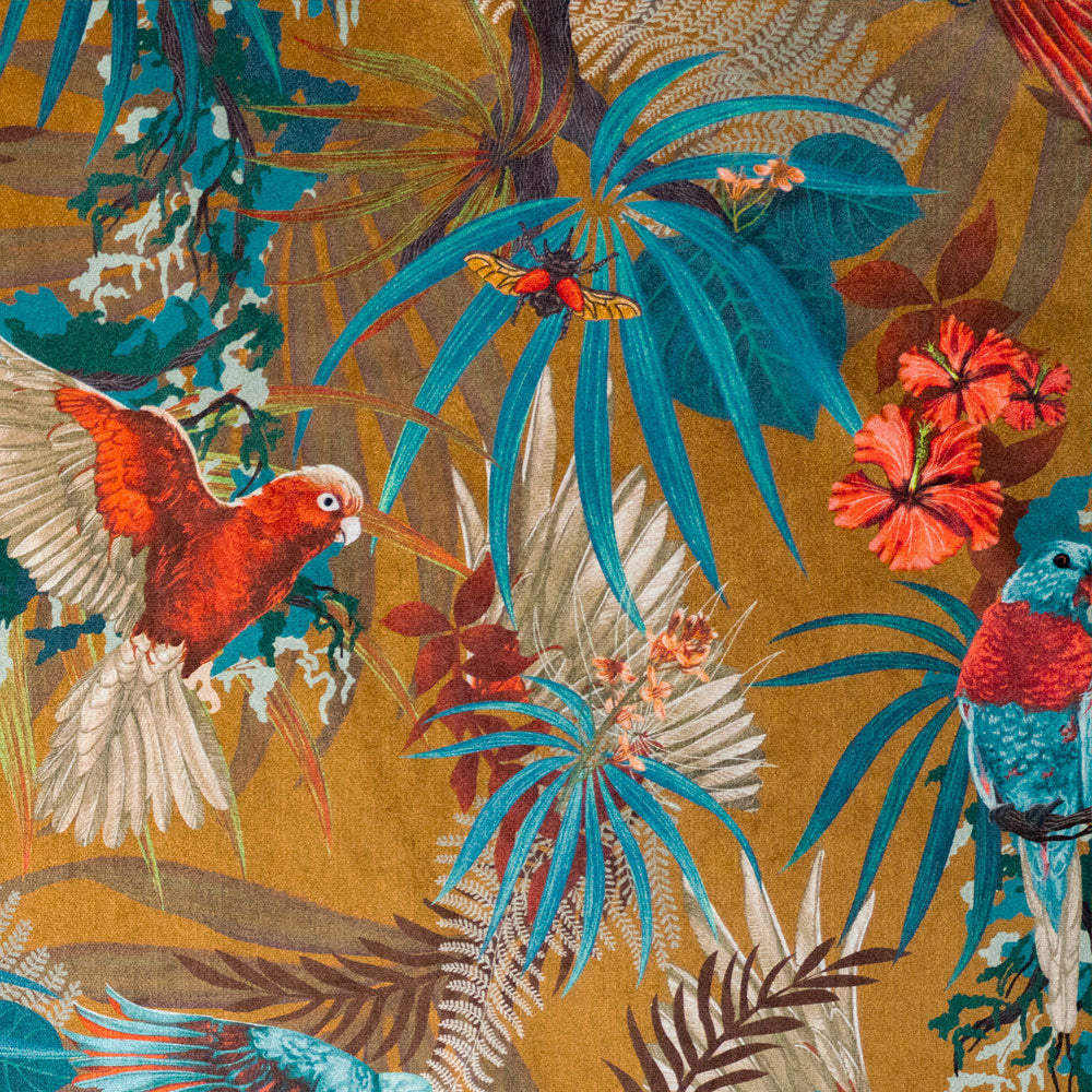 Artwork detail of Macaw birds with exotic bugs and foliage on Rainforest Rush tropical bird print velvet fabric in mustard yellow