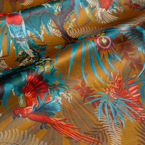 Rainforest Rush mustard yellow tropical bird print designer velvet fabric by Becca Who, with exotic bugs and flowers