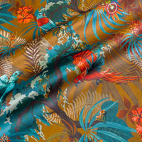 Rainforest Rush mustard yellow velvet fabric draped in soft folds, showing how the tropical bird print falls for curtains and blinds