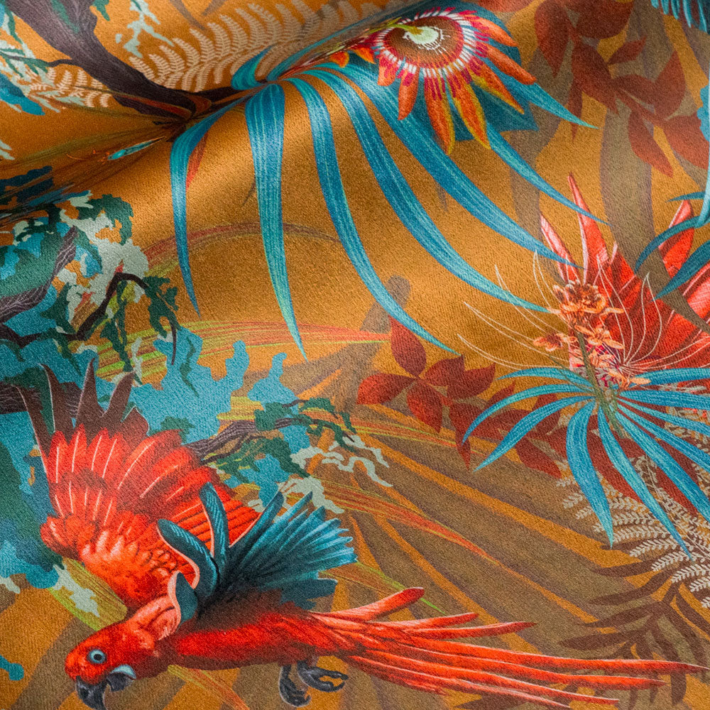 Rainforest Rush velvet fabric in mustard yellow photographed at an angle to show the subtle sheen