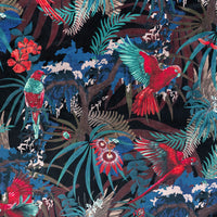 Detail of the pattern on black red and gold tropical bird print velvet furnishing fabric